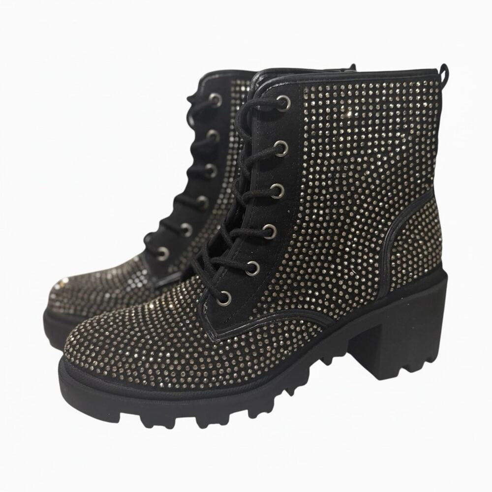 Madden Girl Dymond Zip Up Combat Boots, Black with Silver Rhinestones Sz 9 New